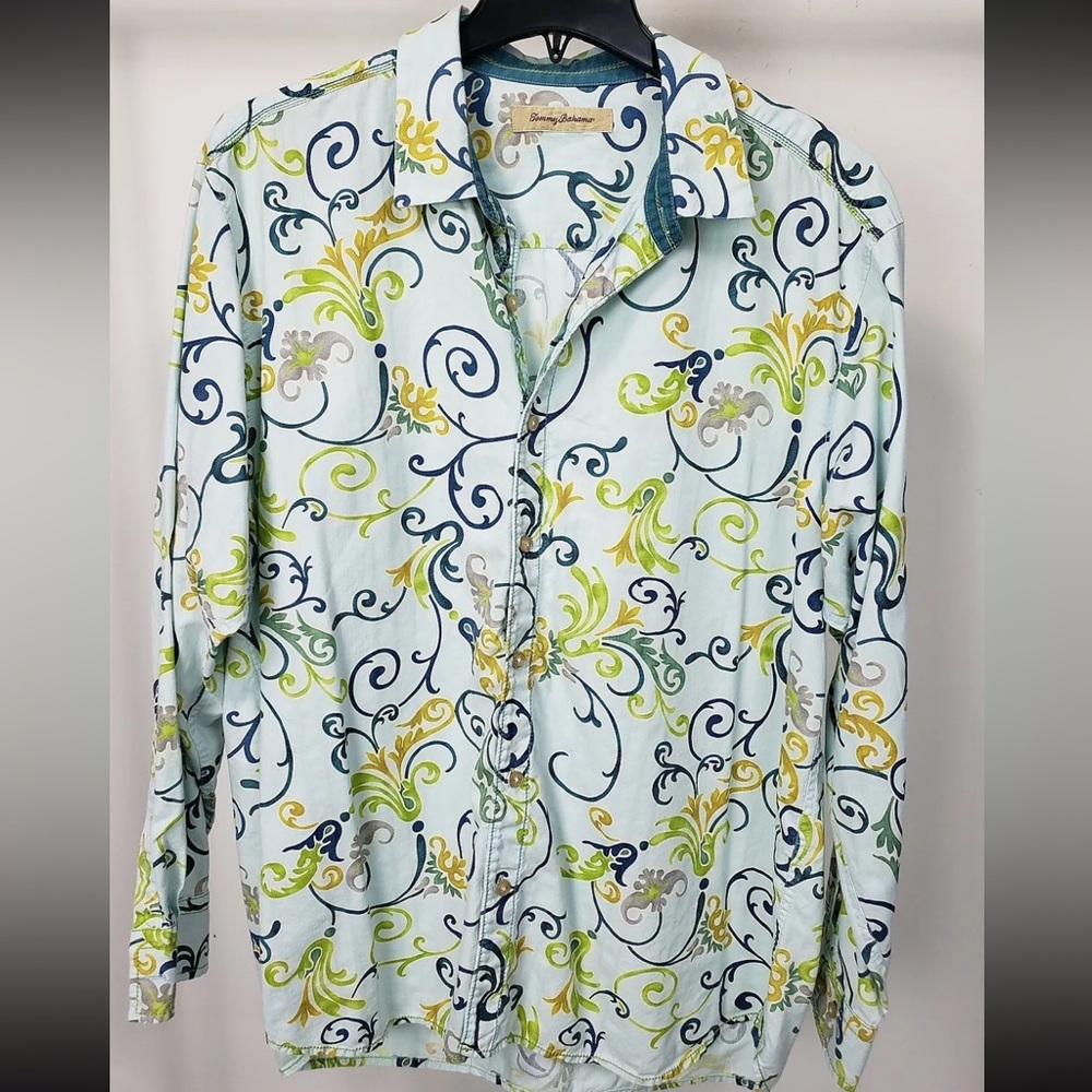 TOMMY BAHAMA Aqua Blue Green Print Cotton Silk Button Down Shirt Mens Size Small